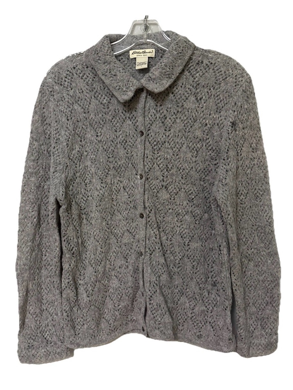 Eddie Bauer Women’s Cardigan L Gray Merino Wool Crochet Knit Sweater Cottagecore